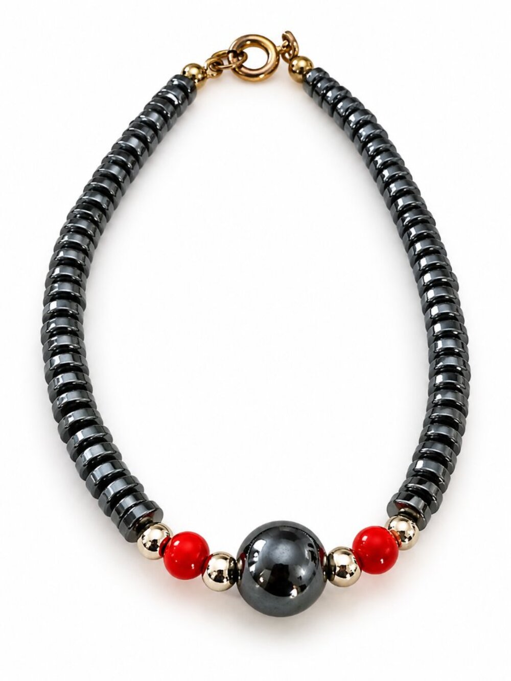 Hematite Beaded Bracelet Red & Gold Tone Accents 6.75"